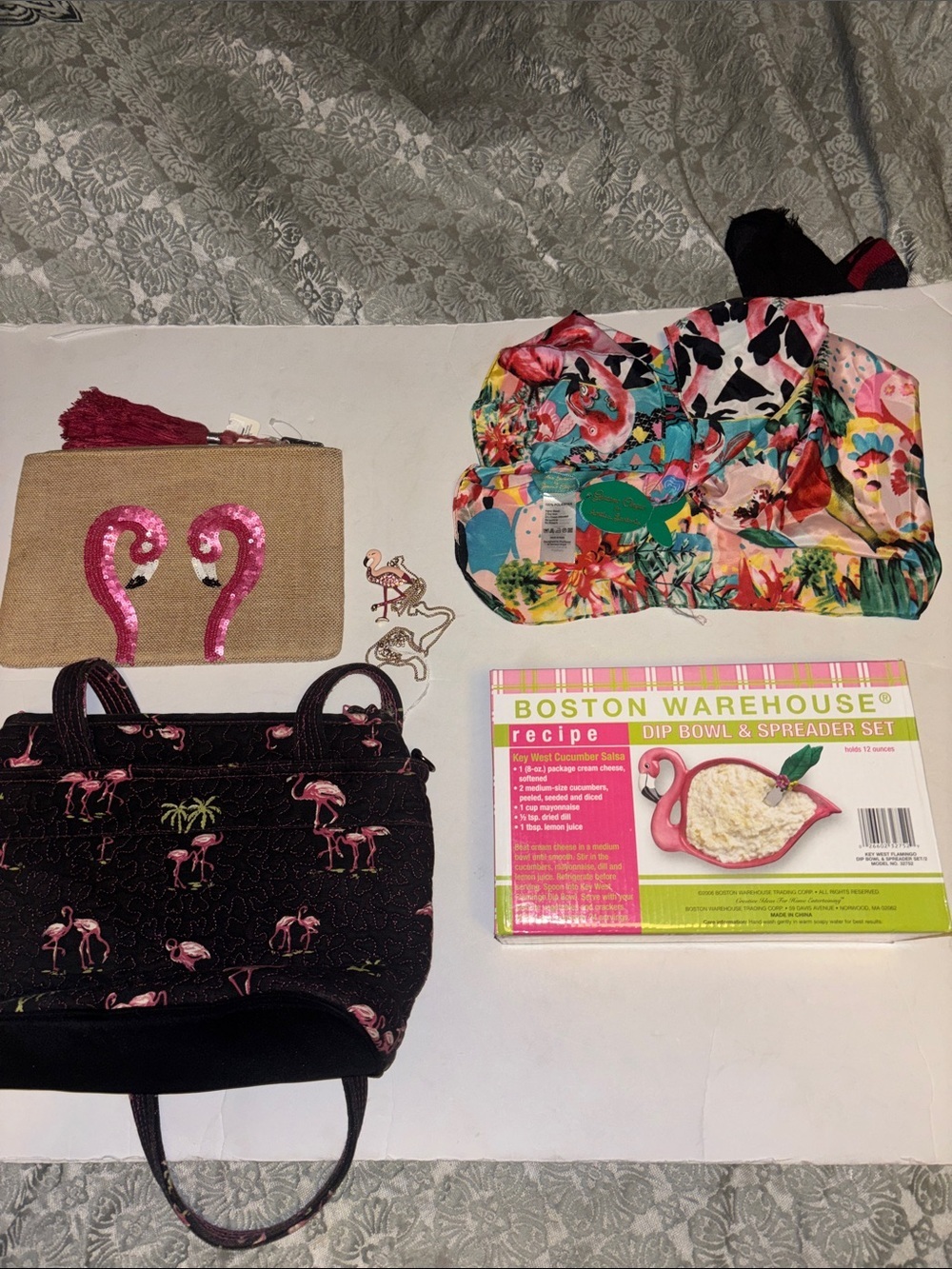 FLAMINGO BUNDLE…RHINESTONE FLAMINGO NECKLACE..JUTE SEQUINS BAG..DIP BOWL..SCARF.